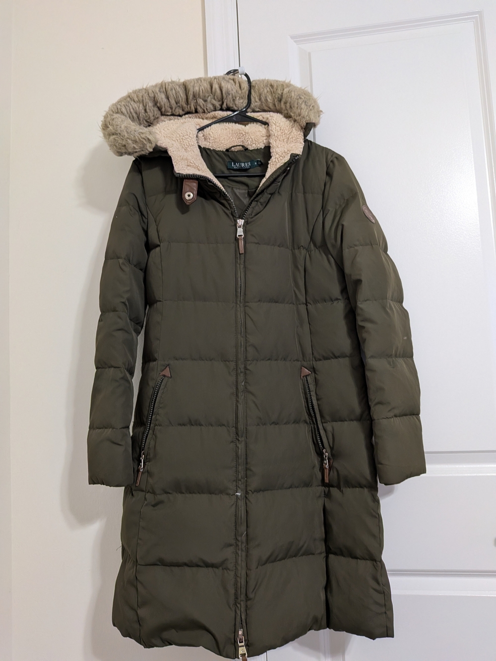 Lauren Ralph Lauren Olive Green Long Puffer Coat with Faux Fur Trim